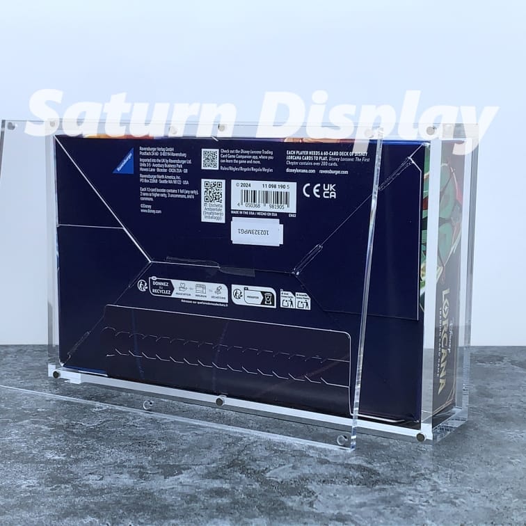 Rear view of a Disney Lorcana chapter 1 booster box in an acrylic display case